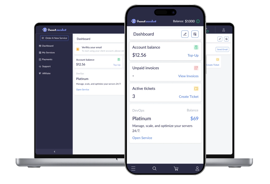 HostZealot-Kundenbereich-Dashboard auf Laptop und Smartphone mit Kontostand, offenen Rechnungen, aktiven Tickets und der DevOps-Servicekarte